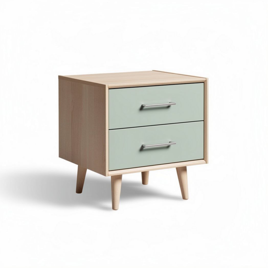 Wooden nightstand with two drawers in light oak and mint green 40 x 40 x 50cm