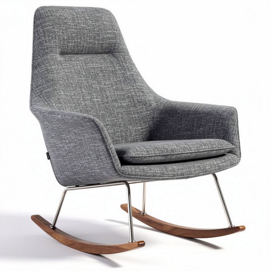 Rocking chair with fabric upholstery and wooden rocker base in gray 70 x 80 x 100cm