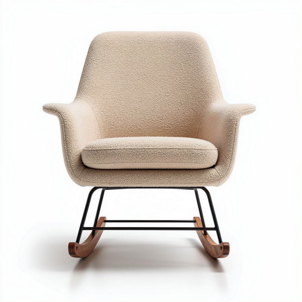 Rocking chair with fabric upholstery and wooden base in beige color