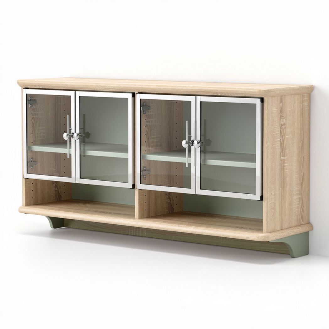 Grey wooden media console with glass doors 150 x 40 x 70cm for living room