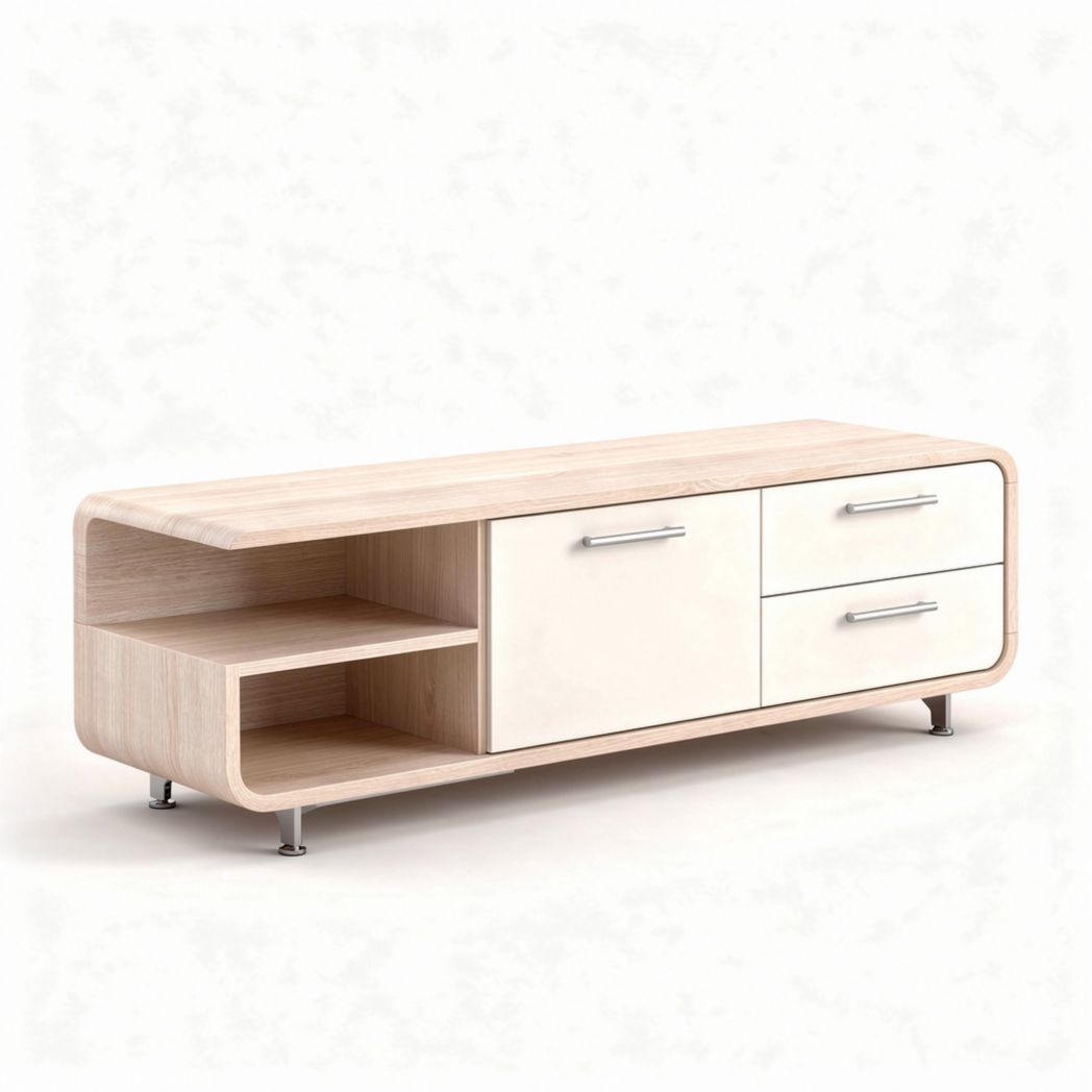 Wooden media console with two drawers and open shelf 150 x 40 x 50cm in light oak
