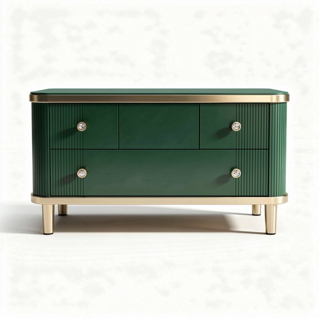 Green wooden storage cabinet with gold accents and four drawers 80 x 40 x 50cm