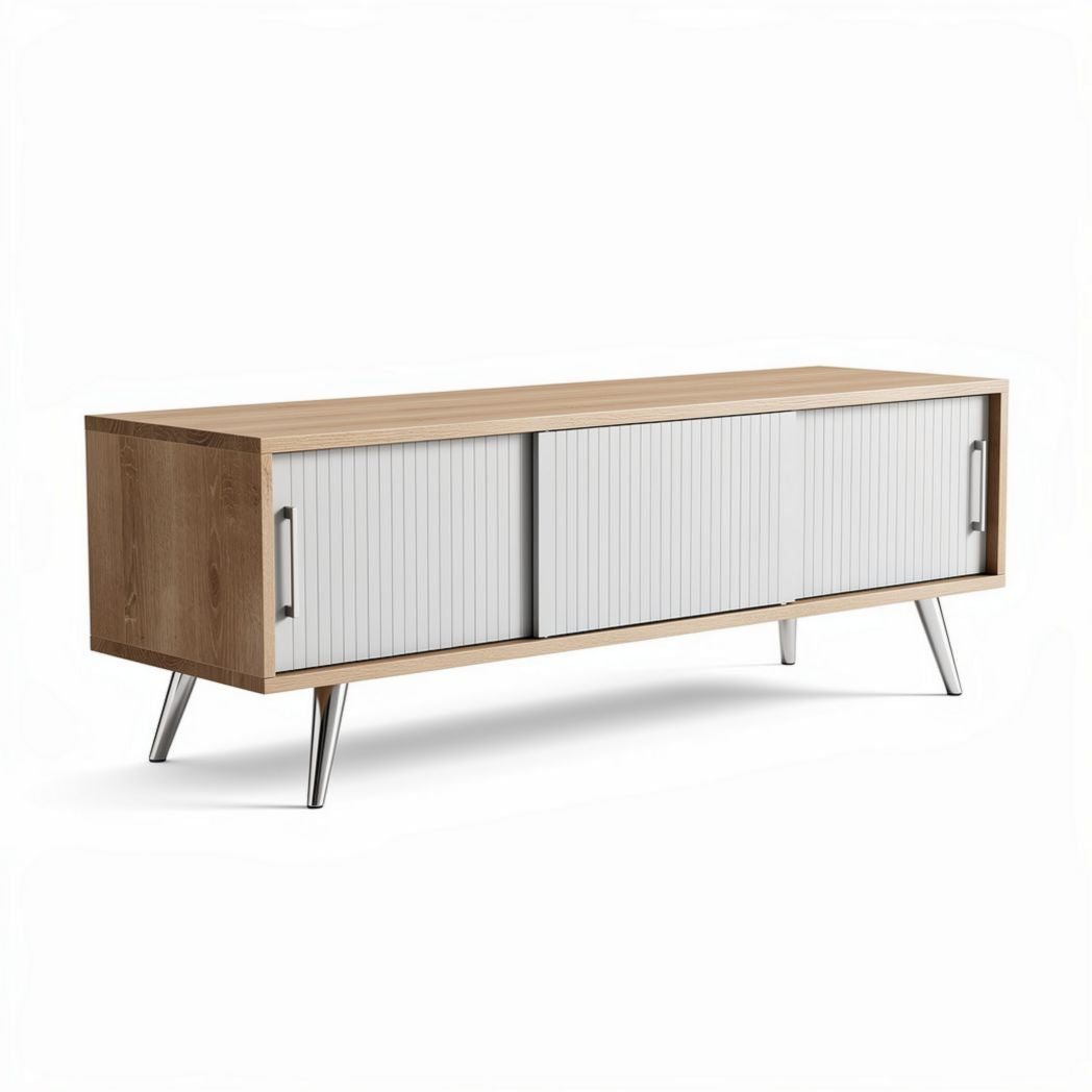 Wooden media console with sliding doors and metal legs 63 x 15.5 x 19.5 inches
