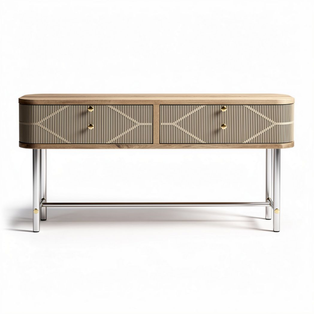 Console table with drawers in natural wood finish and metal legs 120 x 40 x 75cm