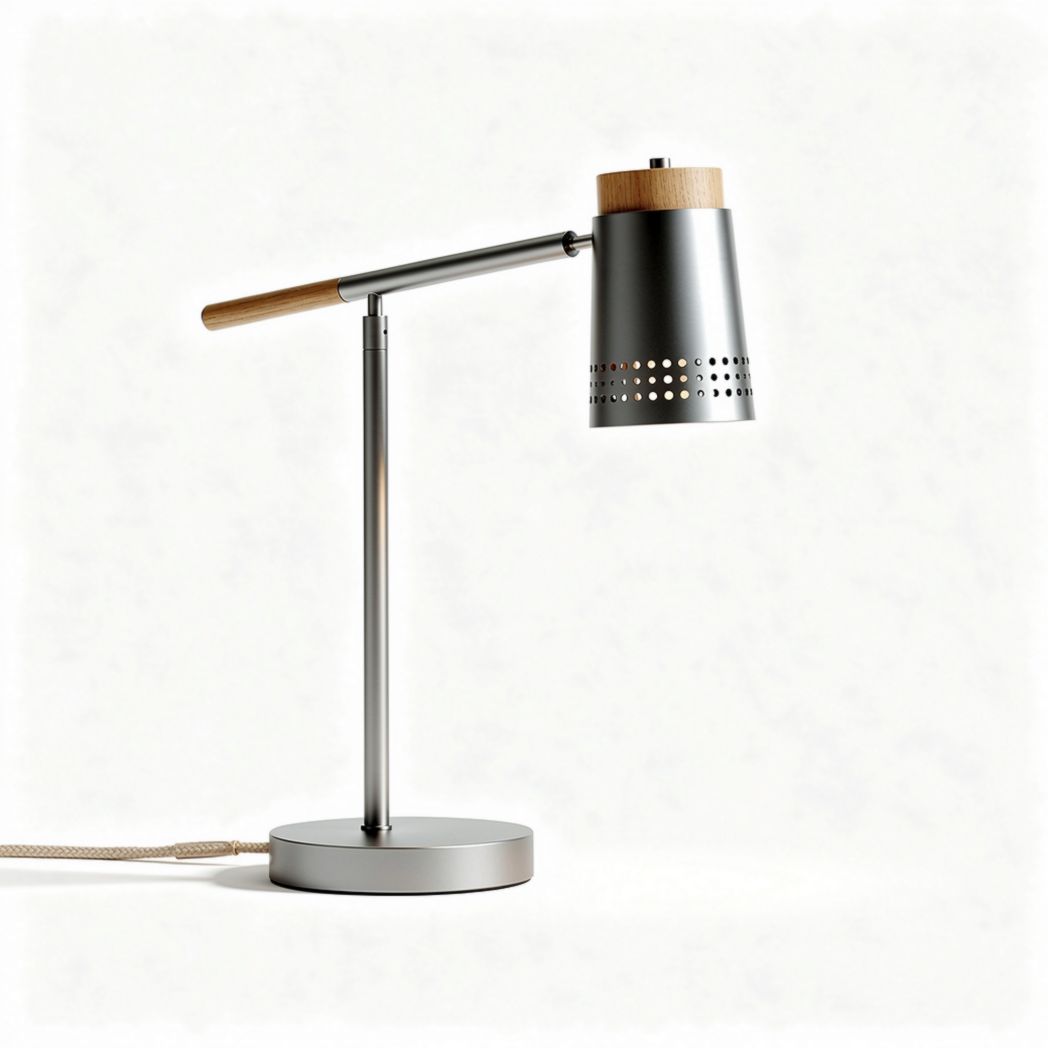 Metal and wood desk lamp with adjustable arm and perforated shade 40 x 20 x 60cm