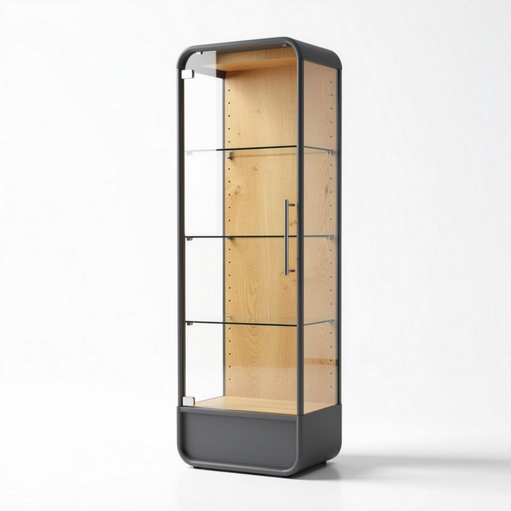 Glass display cabinet with wooden interior and metal frame 40 x 30 x 150cm