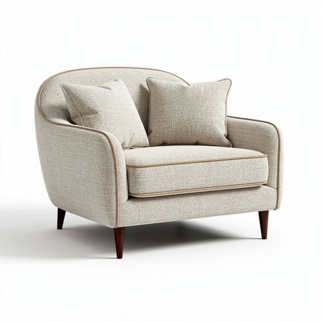 Ample two-seater upholstered accent chair with decorative pillows in beige fabric