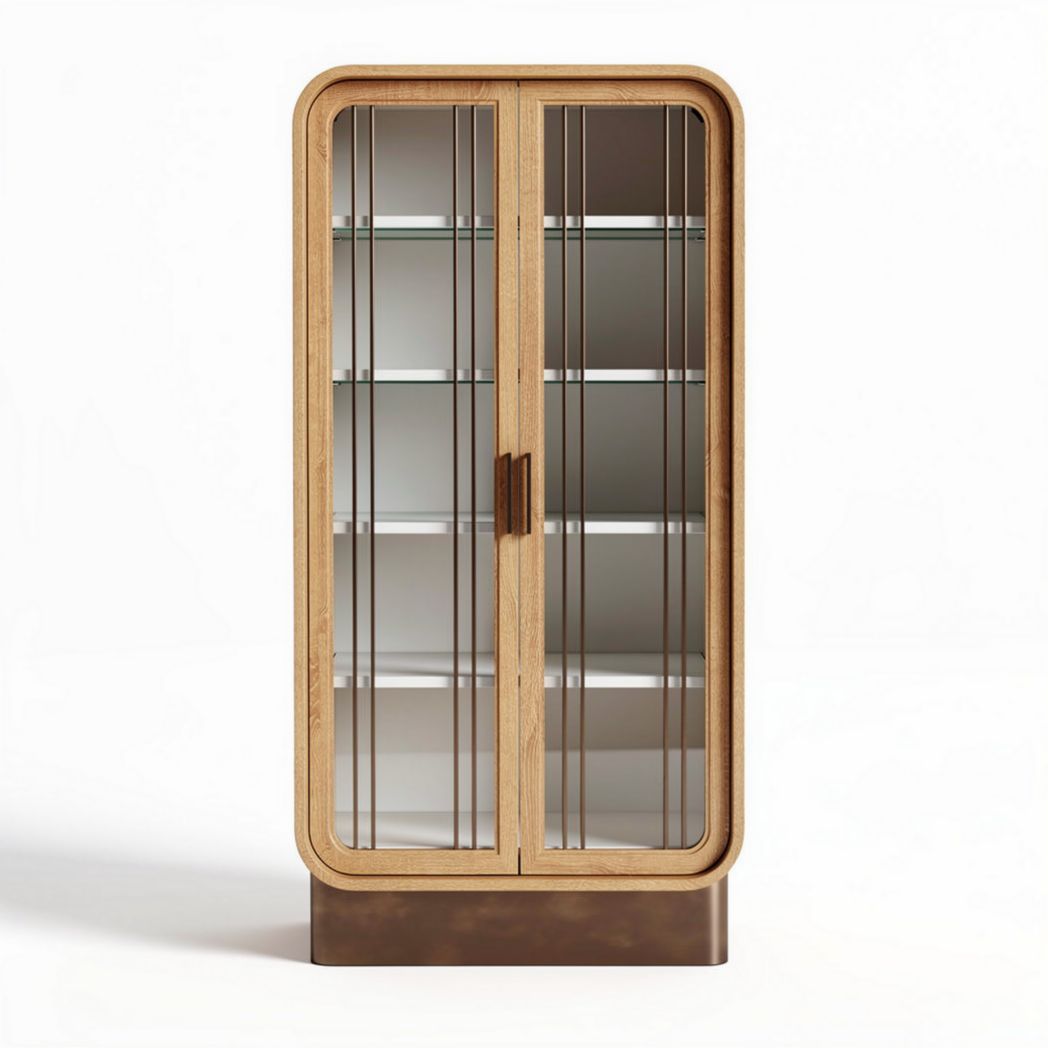 Wooden display cabinet with glass shelves and metal frame 90 x 45 x 180cm