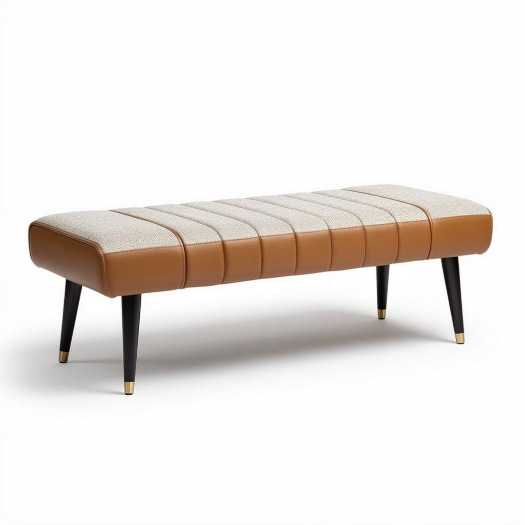 Leather and fabric upholstered bench with tapered legs 120 x 40 x 45cm