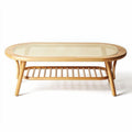 Wooden coffee table with rattan top and lower shelf 90 x 60 x 40cm