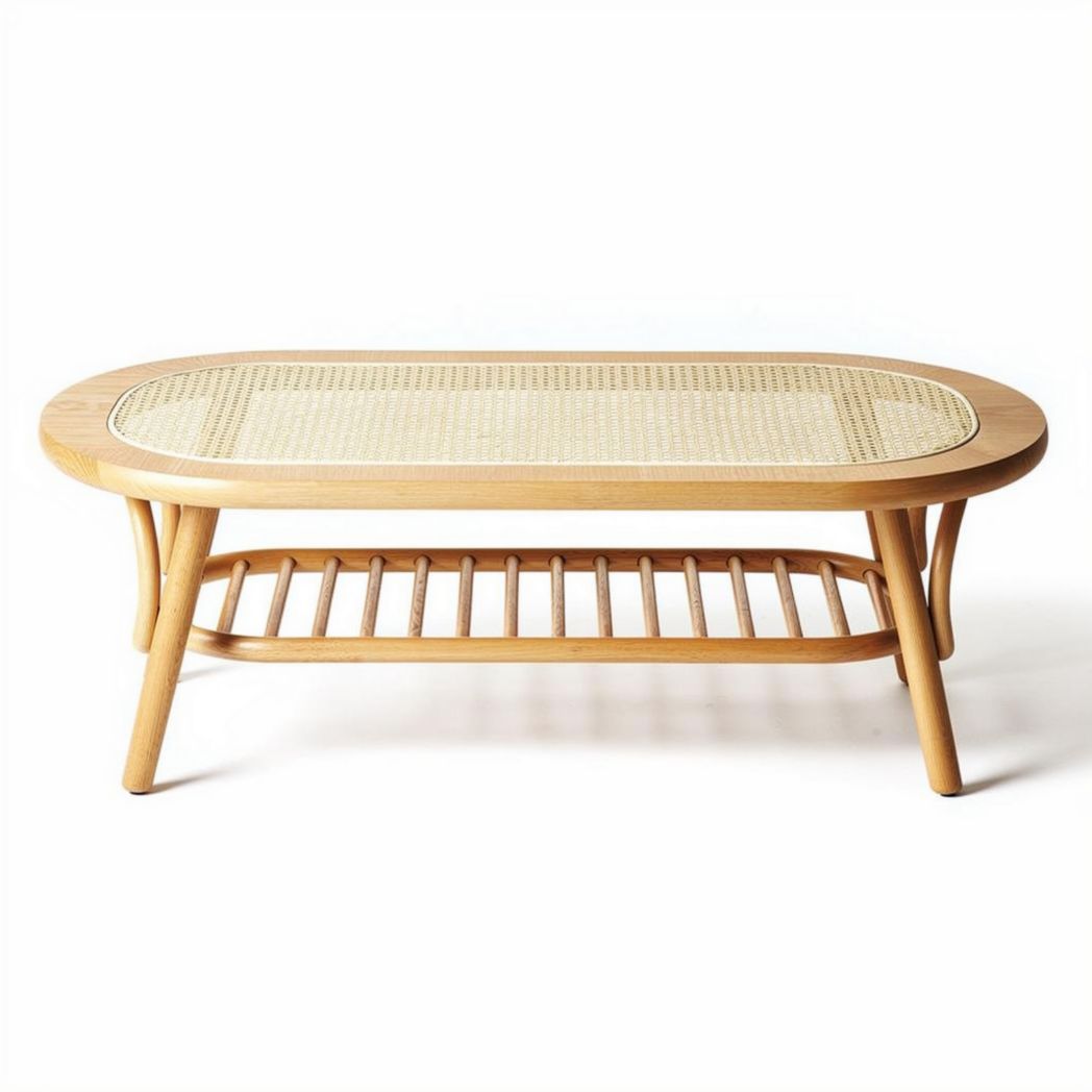Wooden coffee table with rattan top and lower shelf 90 x 60 x 40cm